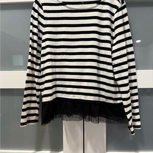 Talbots Striped Black & White Long Sleeve Top with Polka Dot Lace Hem size XL